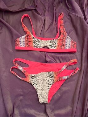 Hot Pink Mixed Animal-Print Cutout Bikini Set